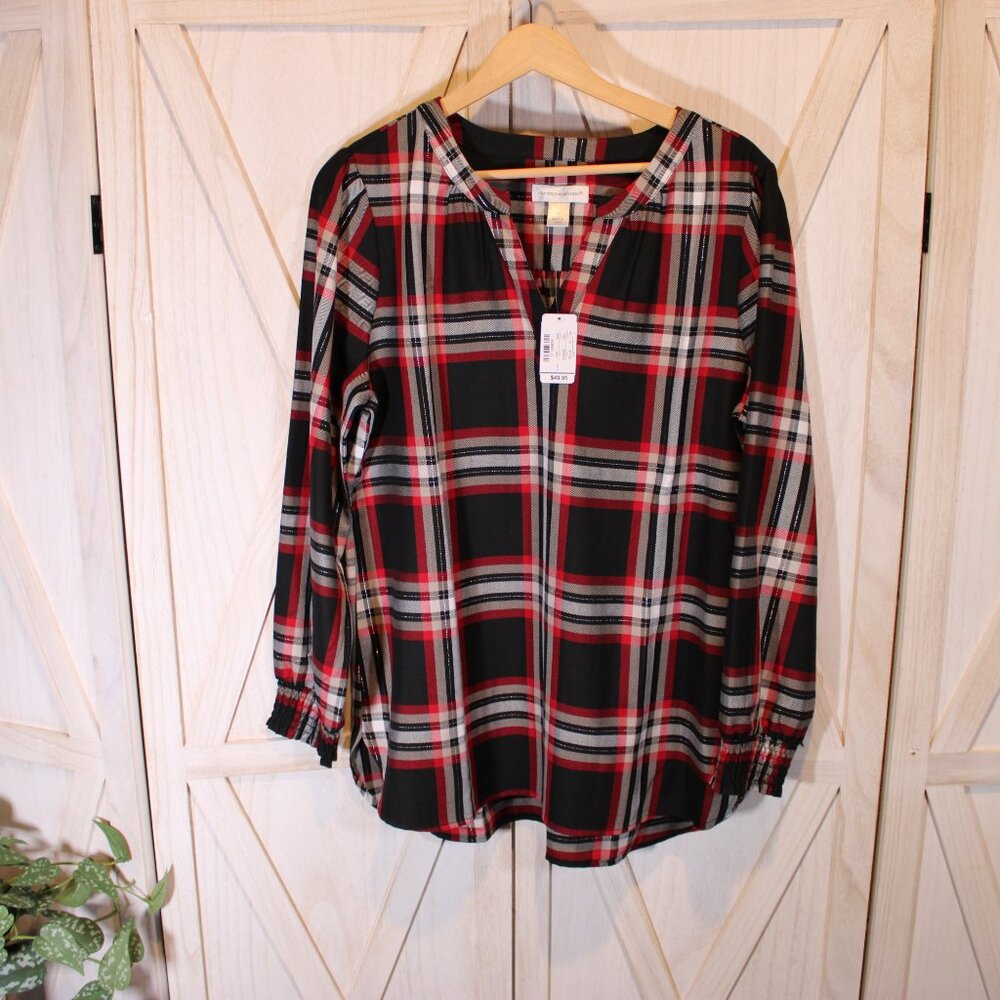 NWT - Christopher & Banks Long Sleeve blouse - Black-Red Plaid - Size L